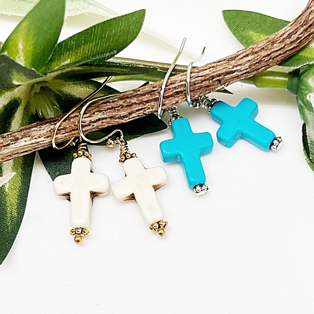 Small Turquoise or Soft White Cross Dangle Earrings, 1 3/8” Long, NWT, Gift Box